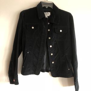 Black velvet jean jacket with rhinestone accents